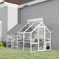 White outdoor wooden cat enclosure with gray roof and enclosed multi-level compartments