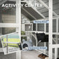 White cat enclosure interior with resting box, hanging bridges, and jump platforms