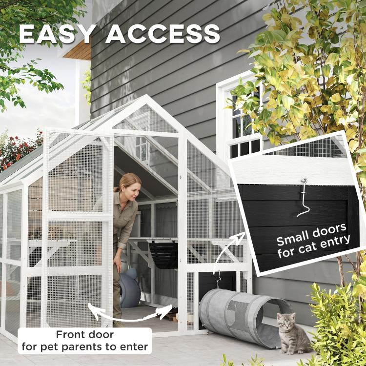 White outdoor cat enclosure with front door and small cat door entry