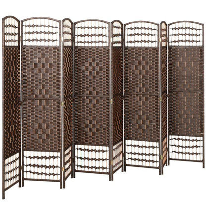 8-panel folding room divider with brown woven privacy panels and white grid inserts