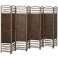 8-panel folding room divider with brown woven panels and arched white lattice top