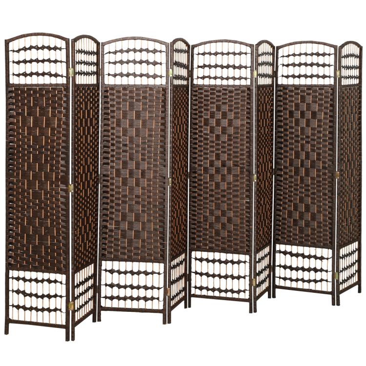 8-panel folding room divider with brown woven panels and arched white lattice top
