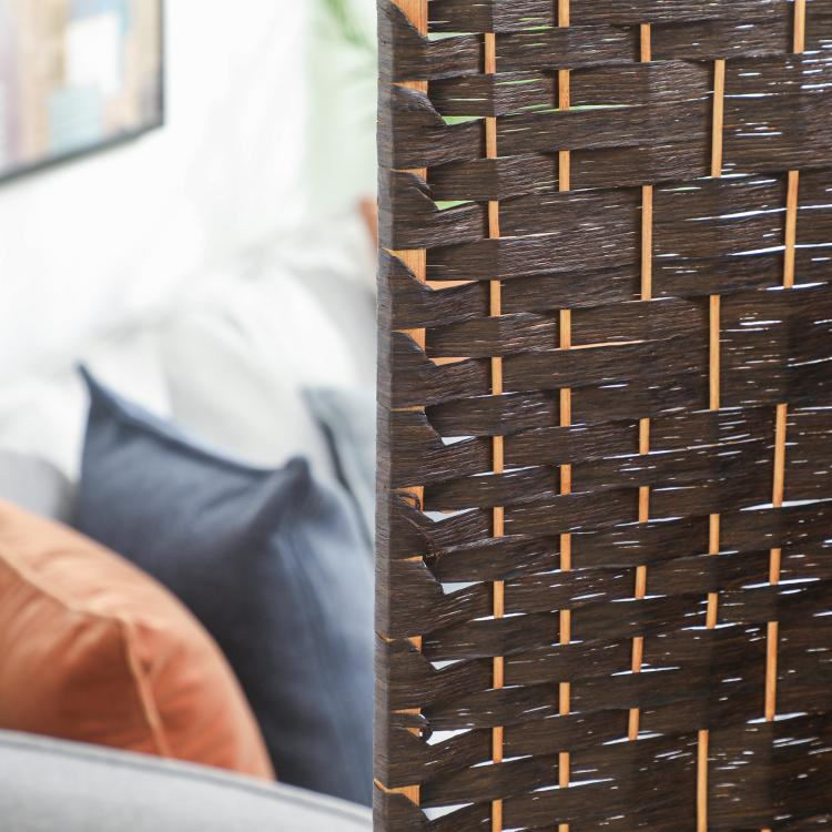 Brown woven privacy screen panel with lattice weave and vertical frame