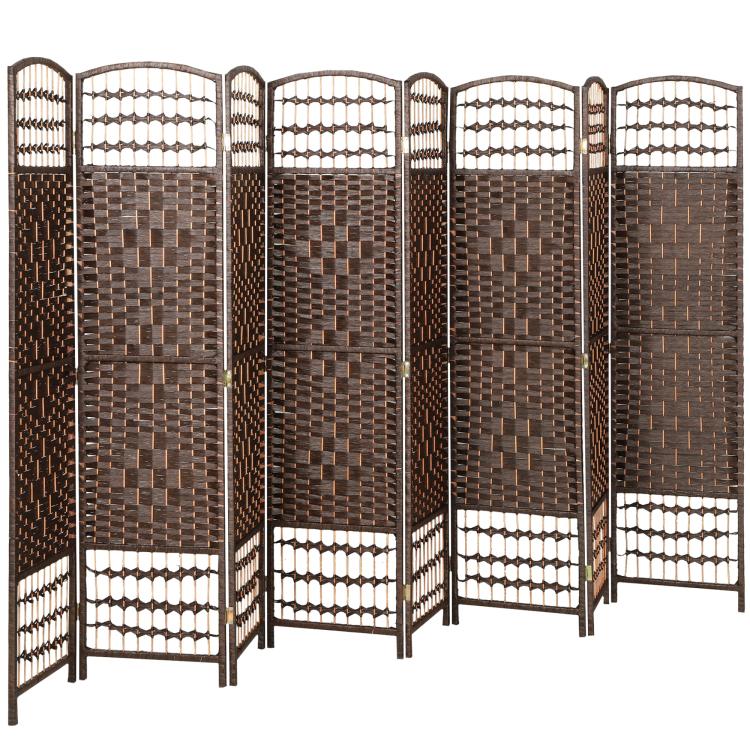 8-panel folding room divider with brown woven panels and arched lattice top