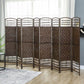 8-panel portable room divider in brown with woven texture and white bottom trim