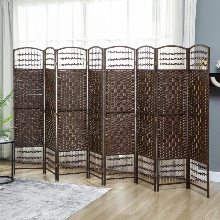 8-panel portable room divider in brown with woven texture and white bottom trim