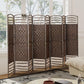 8-panel folding divider with brown woven panels and arched white lattice sections