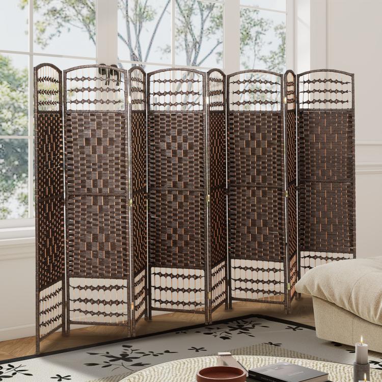8-panel folding divider with brown woven panels and arched white lattice sections