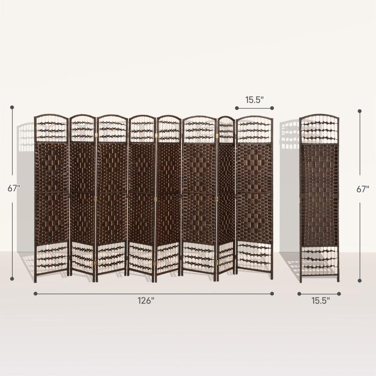 8-panel room divider diagram showing folding layout and overall dimensions in inches