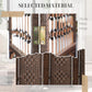 Metal hinge hardware on brown woven 8-panel room divider frame