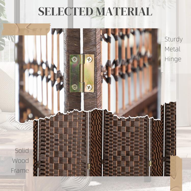 Metal hinge hardware on brown woven 8-panel room divider frame