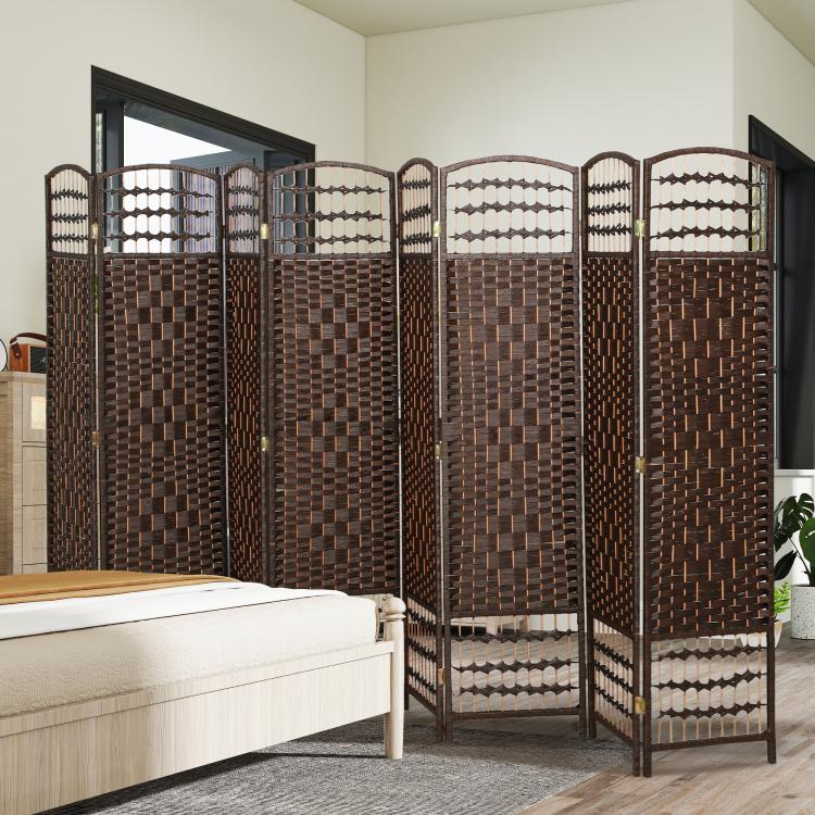 Brown 8-panel folding room divider with woven privacy panels and white lattice top