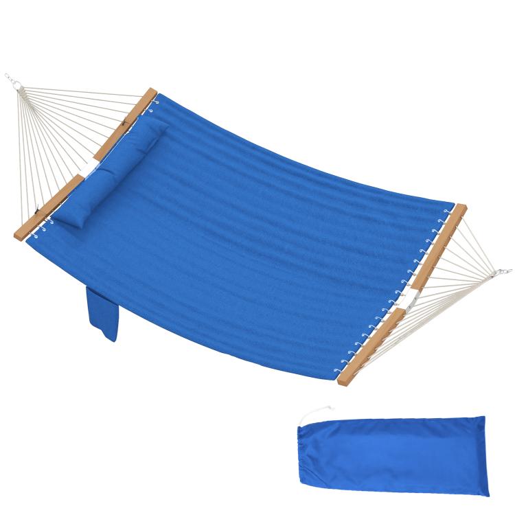 Two-person blue fabric hammock with wooden spreader bars and built-in pillow