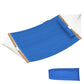 Blue two-person hammock with wooden spreader bars, laid out flat