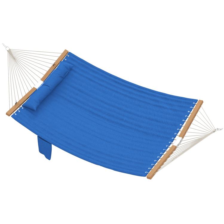 Navy two-person hammock with wooden spreader bars, rope ends, integrated pillow