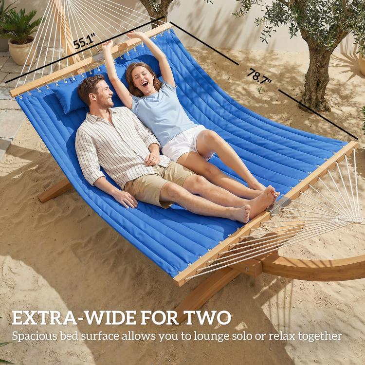 Extra-wide blue two-person hammock with built-in pillow, two people lounging
