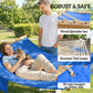 Blue hammock with wooden spreader bar, rope loops, and side hangers; pet lounging