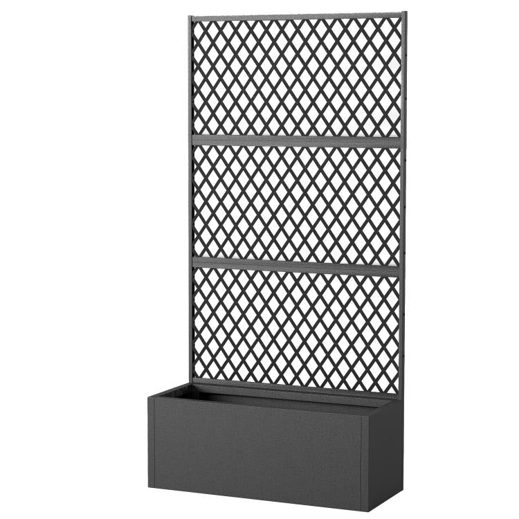 Black metal raised planter box with diamond lattice trellis, open front
