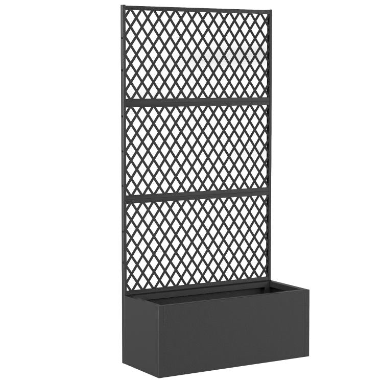 Dark metal planter with diamond lattice trellis and raised garden bed
