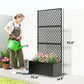 Black metal planter with diamond lattice trellis and flower bed
