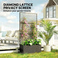 Metal privacy screen planter with diamond lattice trellis and blooming flowers