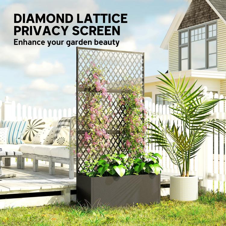 Metal privacy screen planter with diamond lattice trellis and blooming flowers