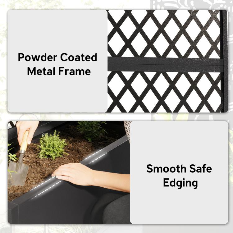 Powder-coated black metal trellis frame with smooth-edging planter box