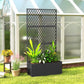 Black metal planter with diamond lattice trellis panel and leafy plants
