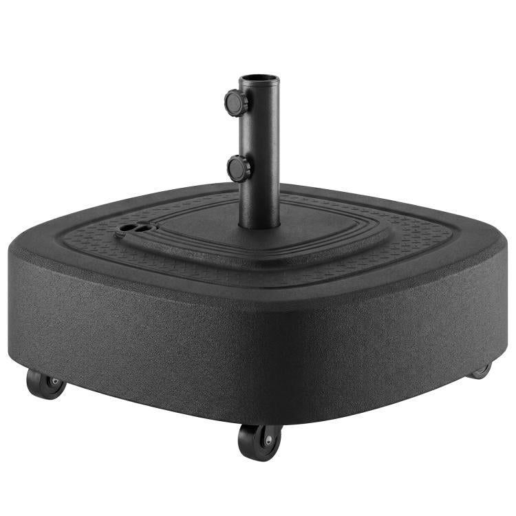 Black umbrella base stand with wheels, circular top plate and central pole opening