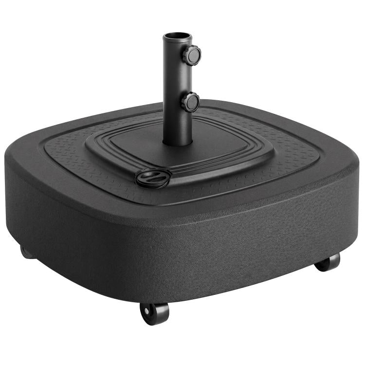 Umbrella base with circular center mount, two side knobs, and caster wheels, dark gray