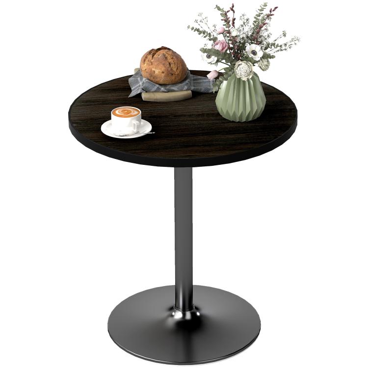 Round black wood-grain pedestal dining table, round top and central metal base