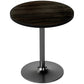 Round dining table with dark wood-grain top and black pedestal base