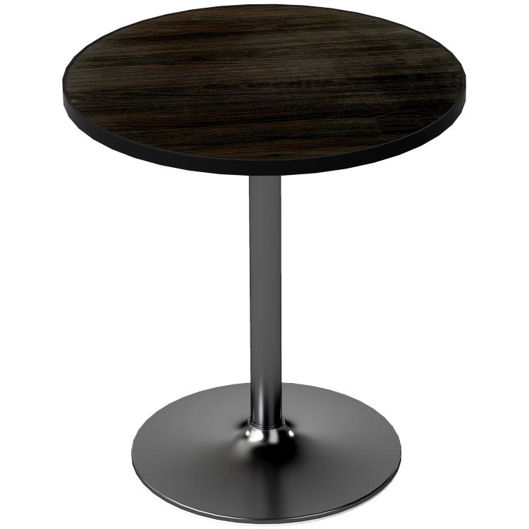 Round dining table with dark wood-grain top and black pedestal base