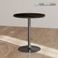 Round black wood-grain table with central pedestal base, size dimensions shown