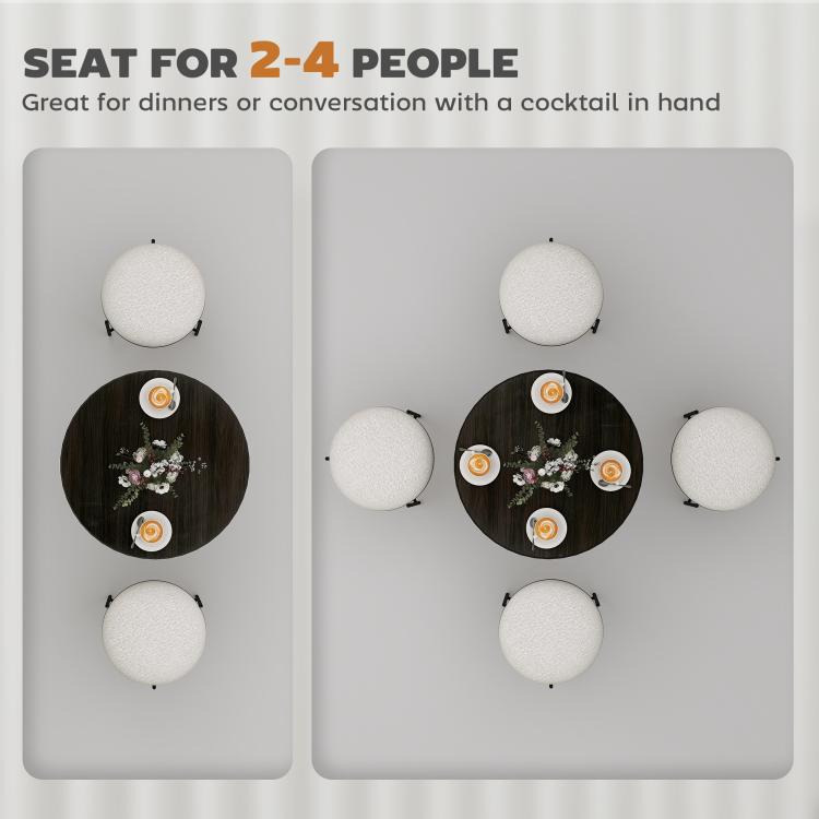 Round black wood-grain table top diagram with pedestal base and seating circles