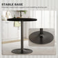 Round black pedestal-base table with wide round foot for stability and wood-grain top