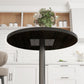Round black wood-grain tabletop with metal pedestal column and underside mounting plates