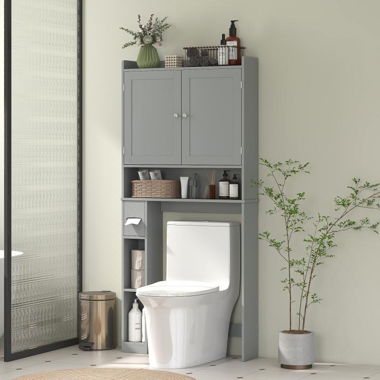 Gray over-the-toilet storage cabinet with 2 doors, paper holder, and open storage