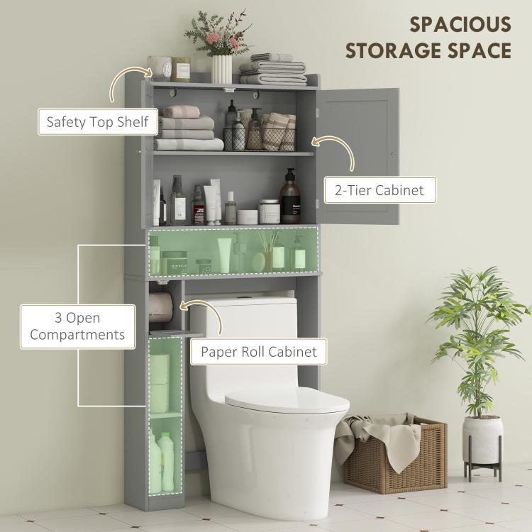 Gray over-the-toilet storage cabinet with open shelves and toilet paper roll cabinet