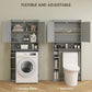 Gray over-the-toilet cabinet with open shelves, toilet paper holder, and toilet