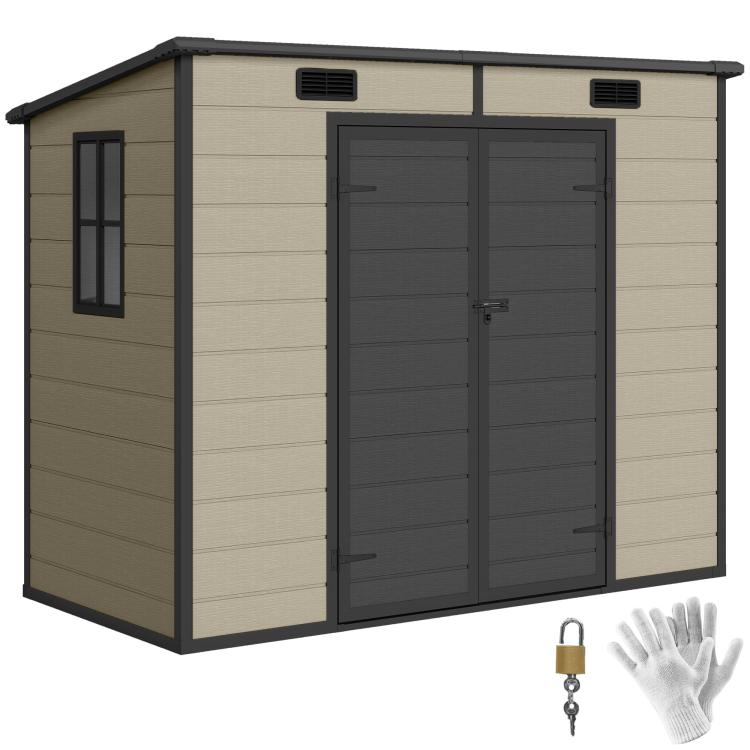 Light brown plastic outdoor storage shed with dark double doors and side window