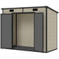 Light brown resin storage shed with one door open and empty interior