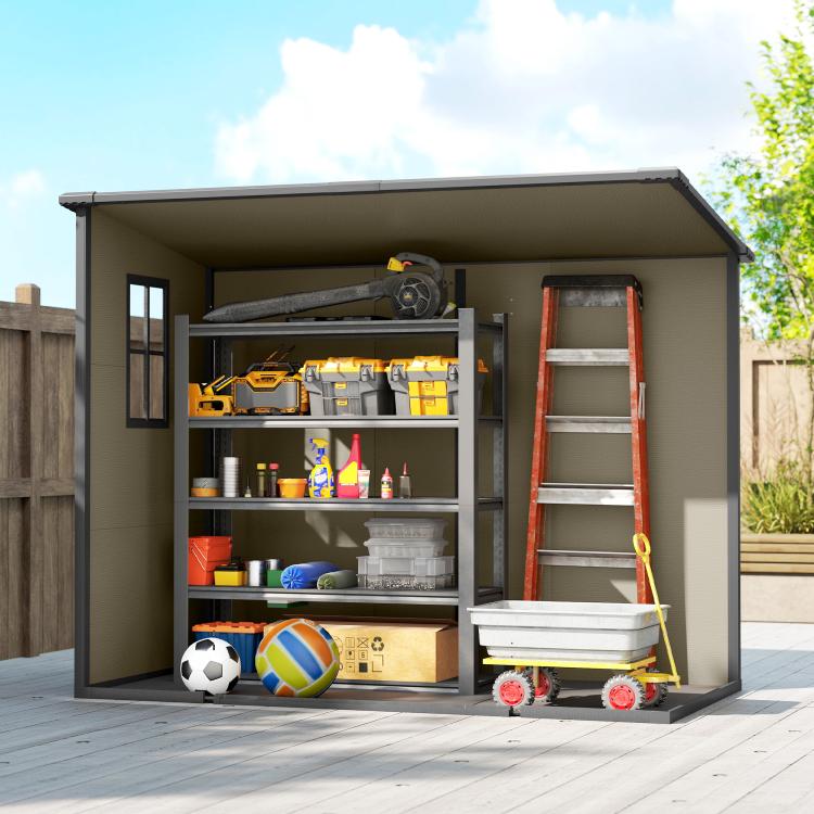 Light brown plastic outdoor storage shed with floor, open double doors and shelves