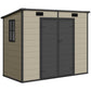Light brown plastic outdoor storage shed with double doors, roof vents, and side window