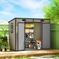 Light brown plastic shed with open doors and visible yard equipment inside