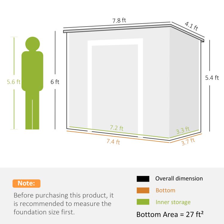 Plastic outdoor storage shed size diagram for 8 x 4 ft overall dimensions