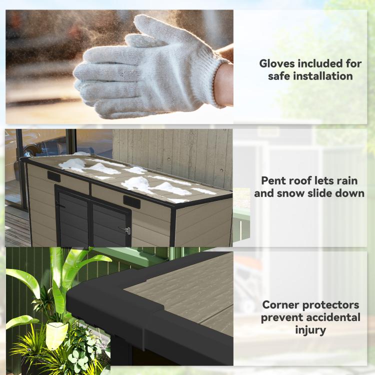Plastic outdoor storage shed with pent roof and corner protectors
