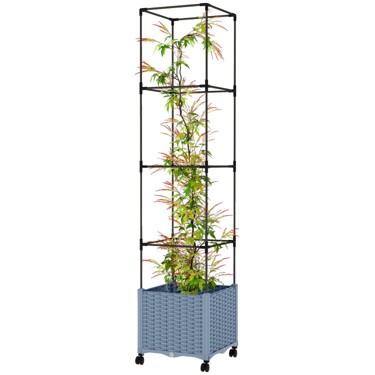 Wheeled raised garden planter with black trellis supporting a tall green plant