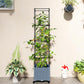 Gray raised planter with black trellis frame and planted tomatoes on rolling base