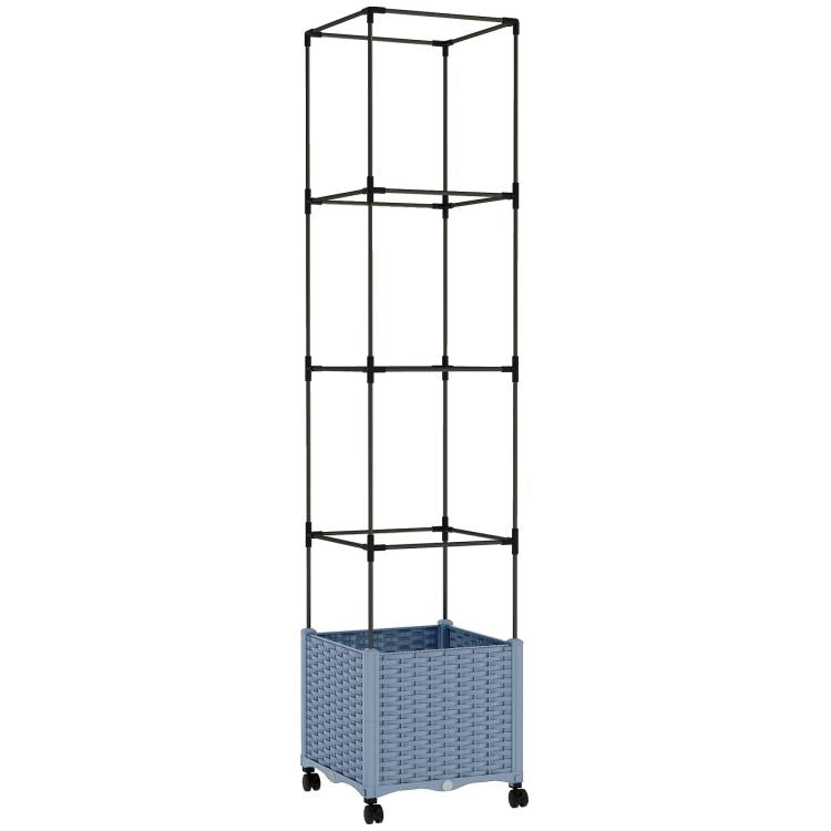 Gray self-watering raised planter with black trellis cage and four caster wheels